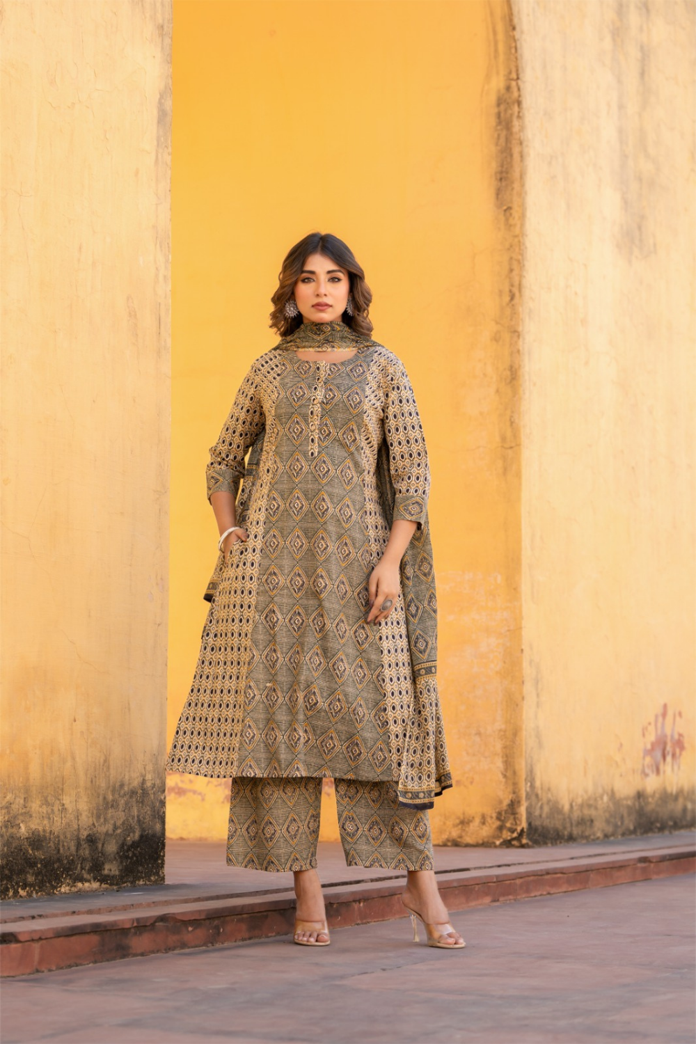 Mocha Block Printed A-Line Cotton Suit Set