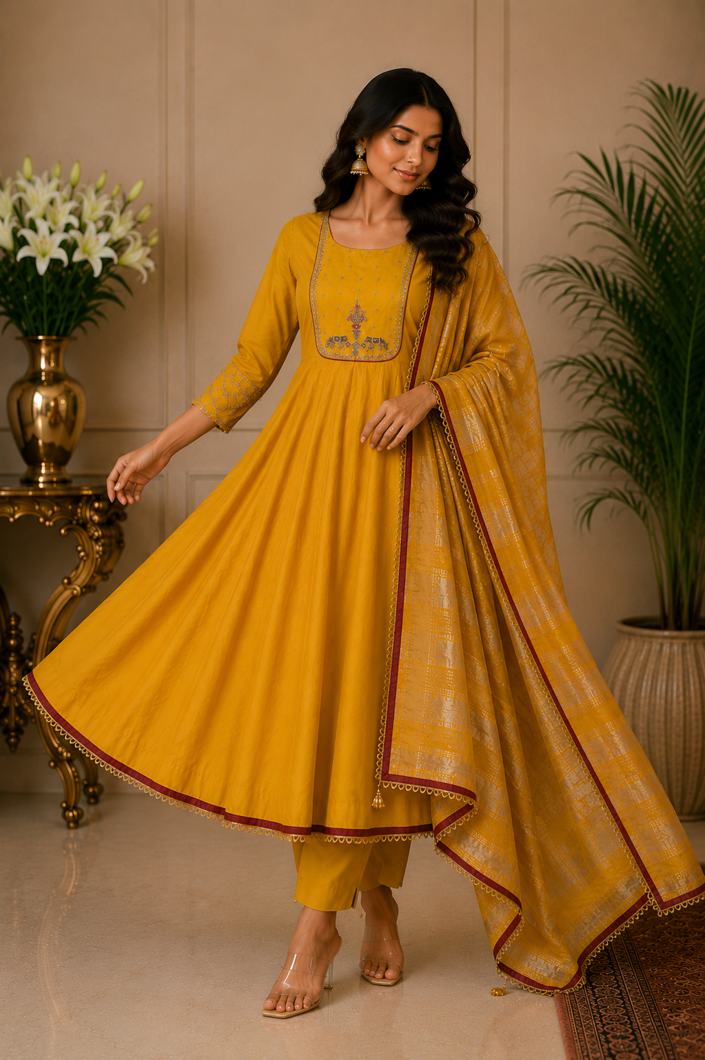 Mustard Mul Chanderi Anarkali Suit Set with Zari & Pearl Work