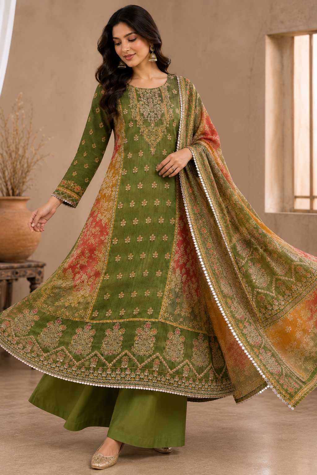 Crust Tissue Suit Set with Thread & Mirror Work Print