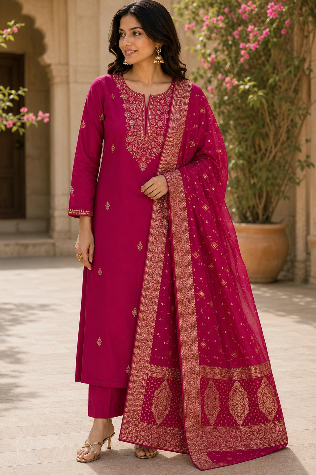 Magenta Silk Suit Set with Banarasi Silk Dupatta