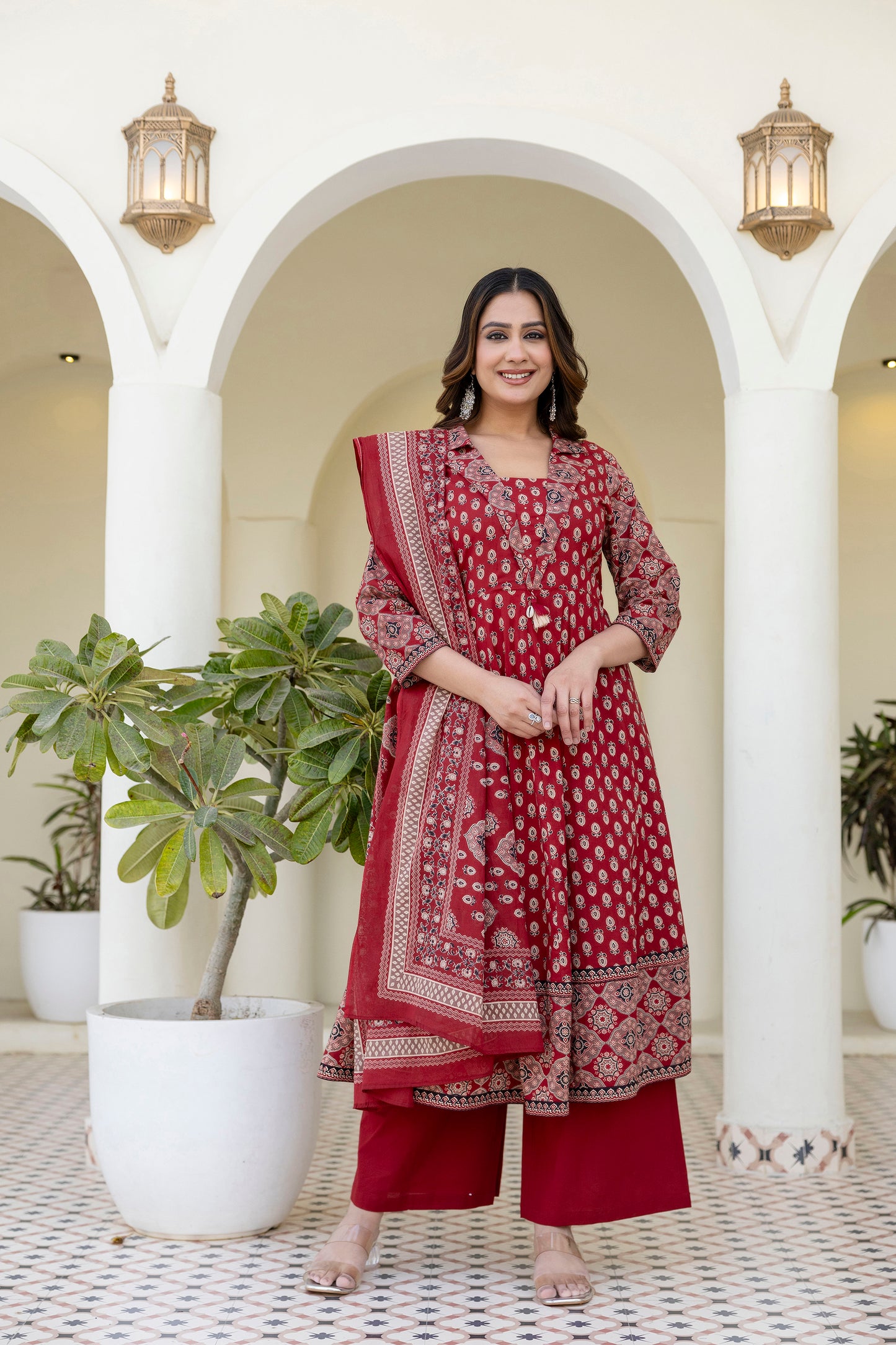 Cotton Printed Anarkali Suit with Collar Neck