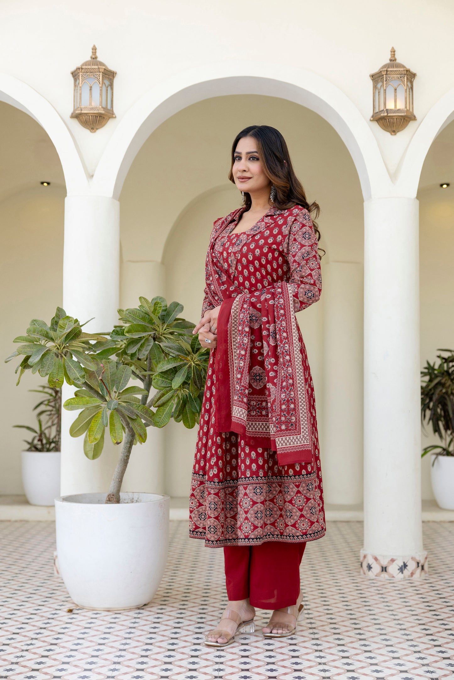 Cotton Printed Anarkali Suit with Collar Neck