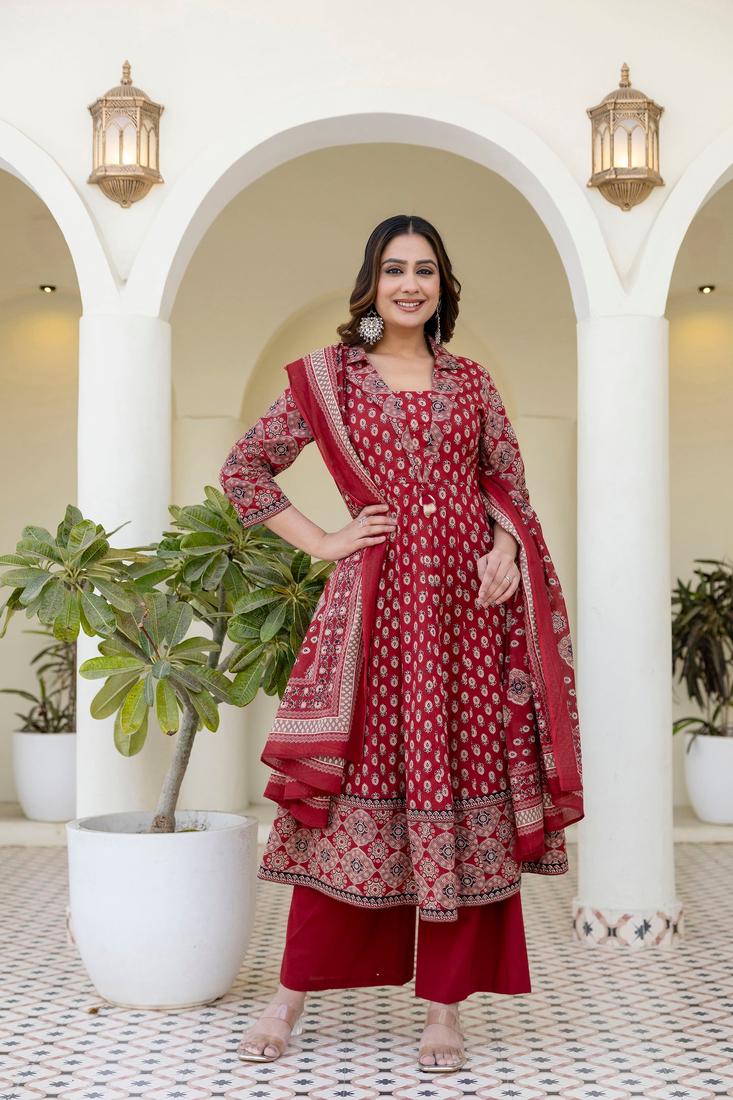 Cotton Printed Anarkali Suit with Collar Neck