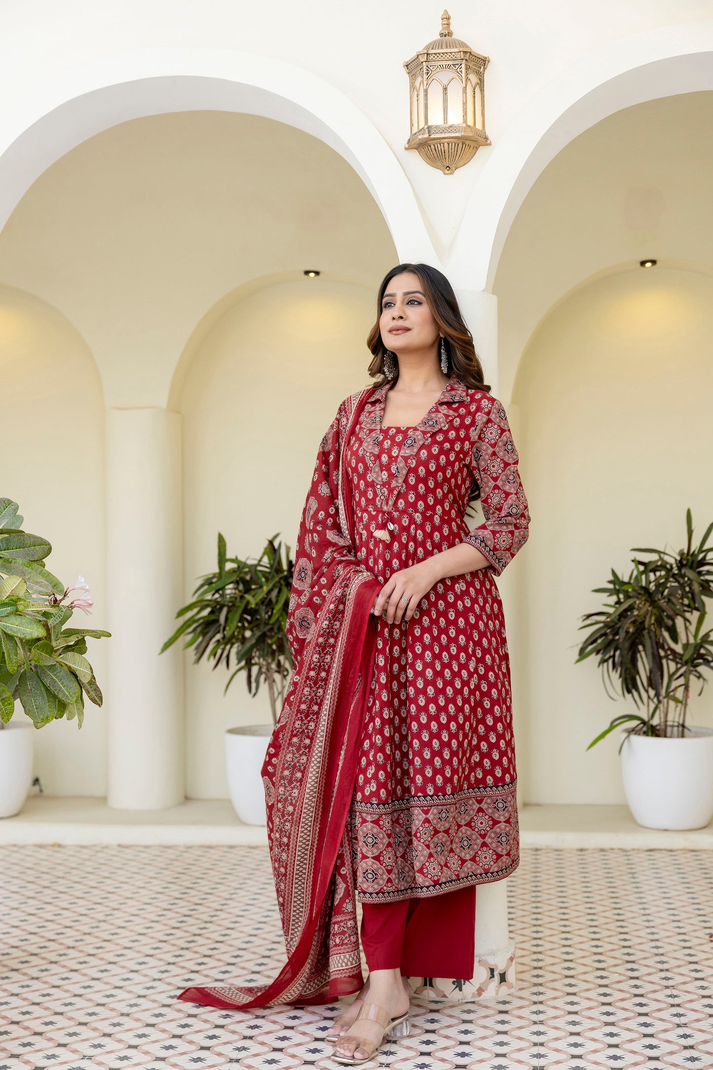 Cotton Printed Anarkali Suit with Collar Neck