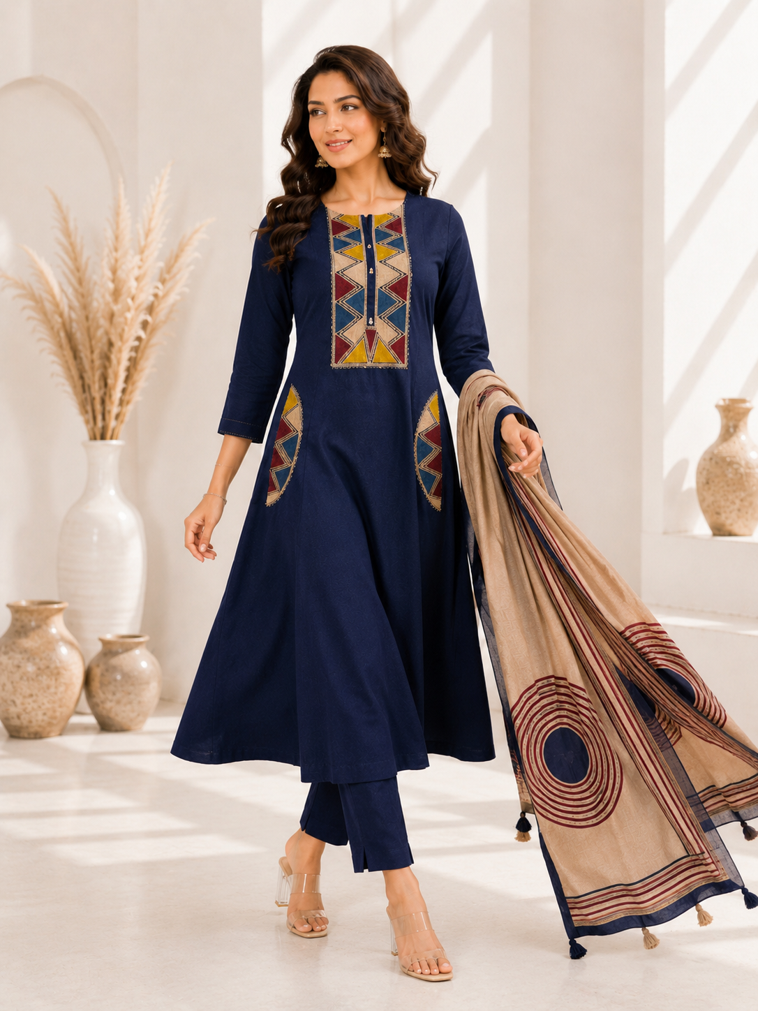 Cotton Suit Set with Embroidered Neck & Pocket Detailing