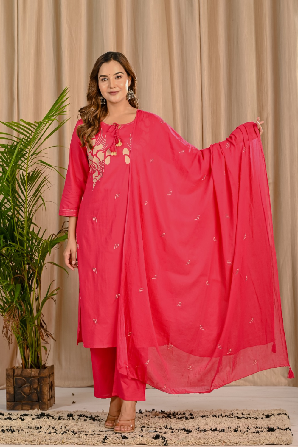 Pink Thread Embroidered Cotton Suit Set