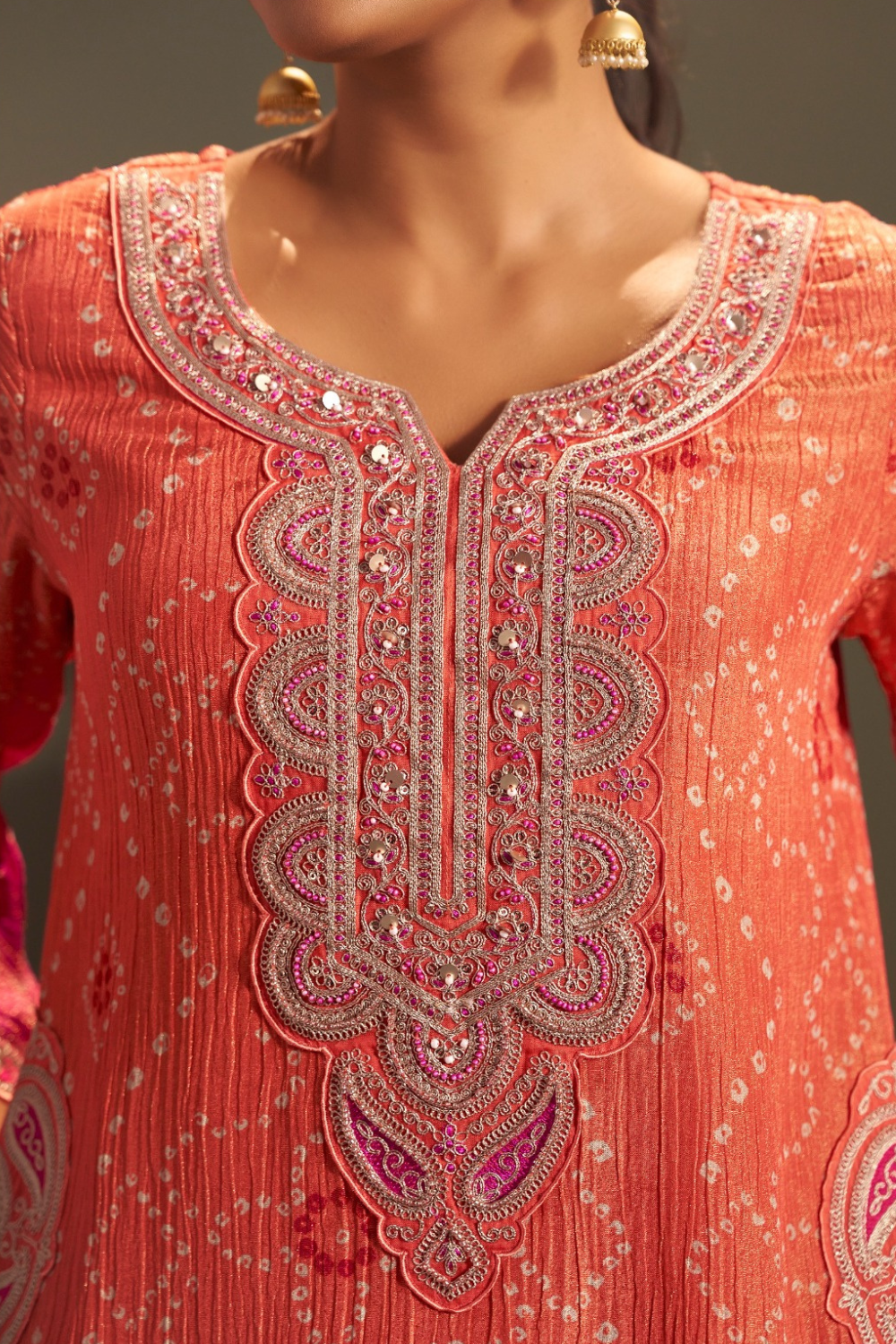 Peach Pink Crushed Tissue Suit with Subtle Handwork