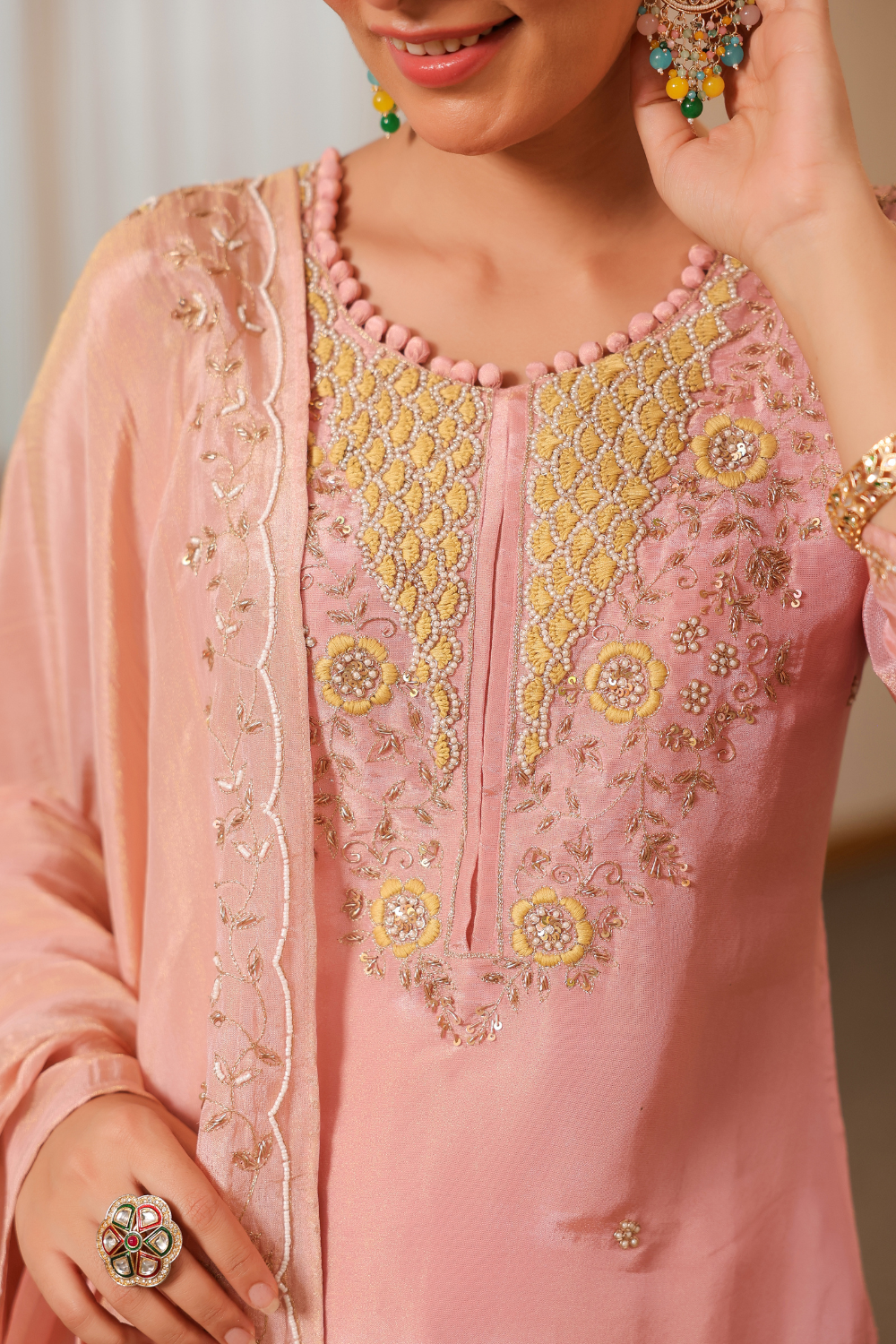 Blush Pink Pure Tissue Suit with Crushed Tissue Dupatta