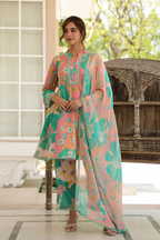 Peach & Aqua Mal Cotton A-Line Suit Set with Organza Dupatta