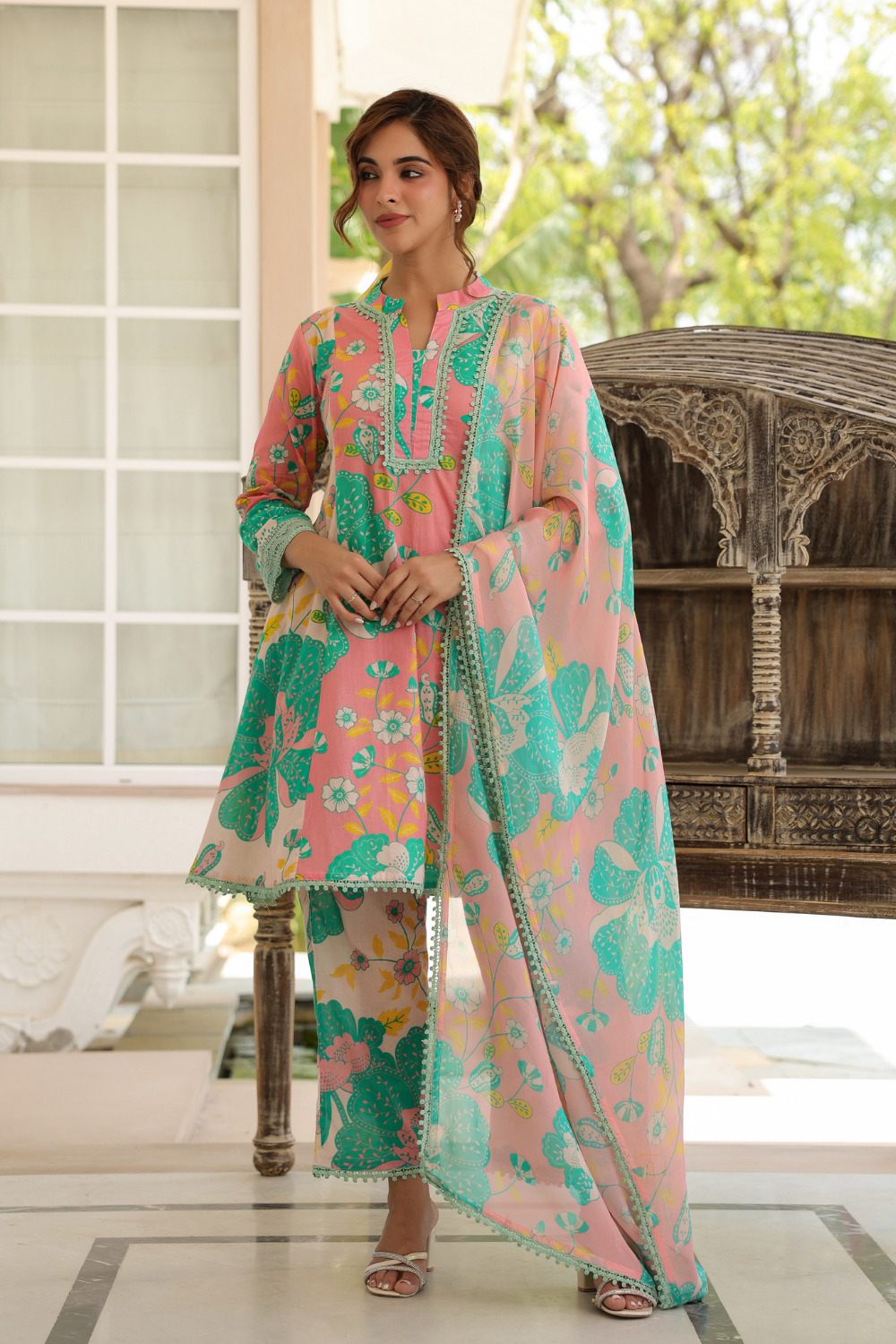 Peach & Aqua Mal Cotton A-Line Suit Set with Organza Dupatta