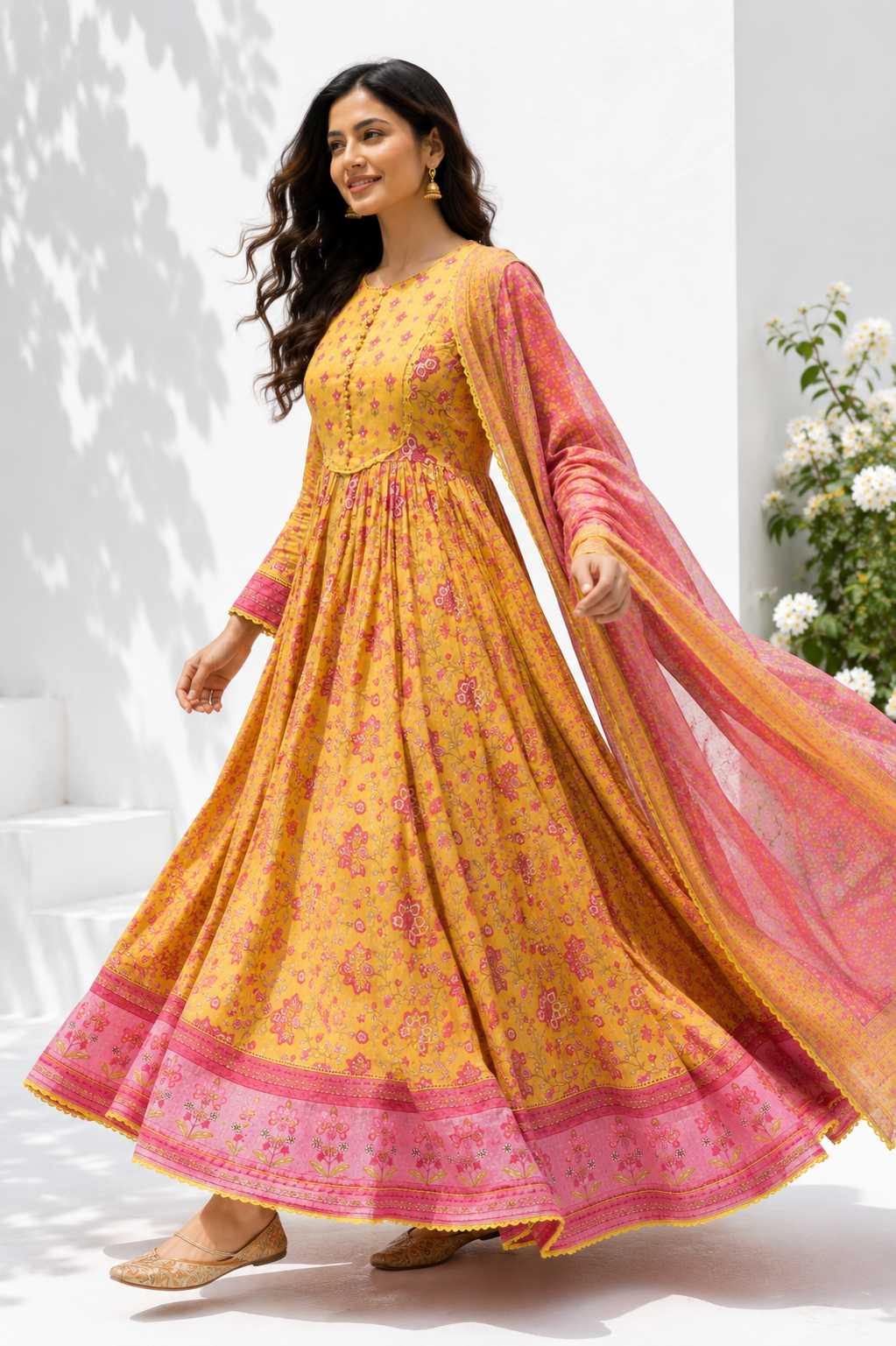 Cotton Printed Anarkali Suit Set