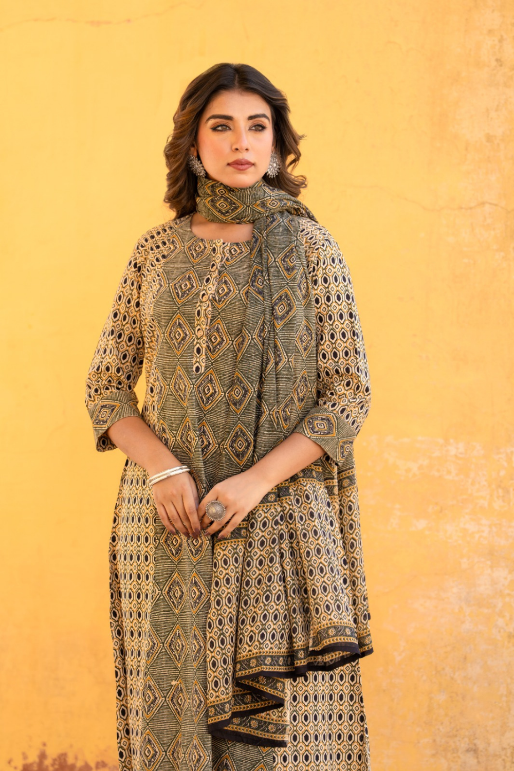 Mocha Block Printed A-Line Cotton Suit Set