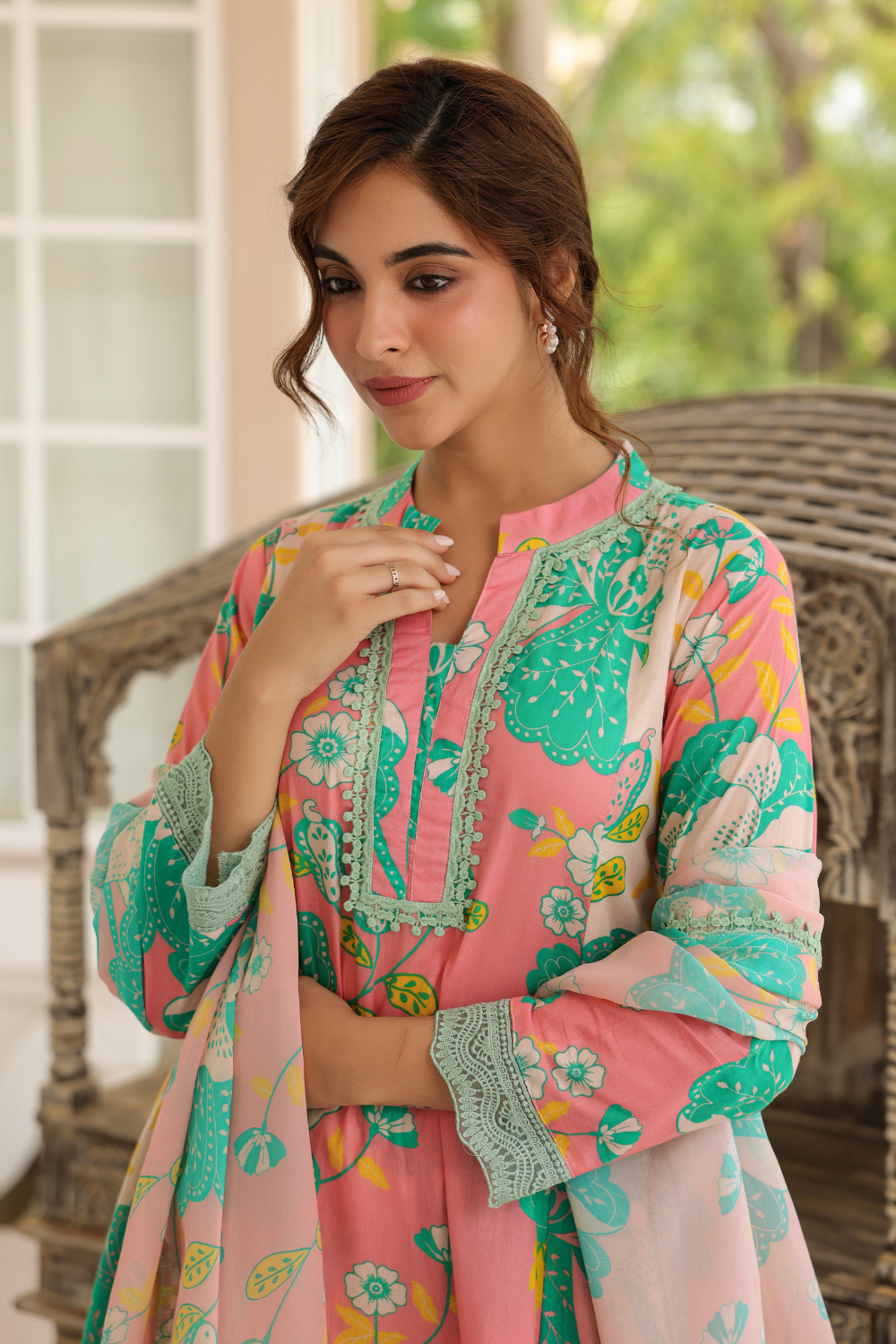 Peach & Aqua Mal Cotton A-Line Suit Set with Organza Dupatta