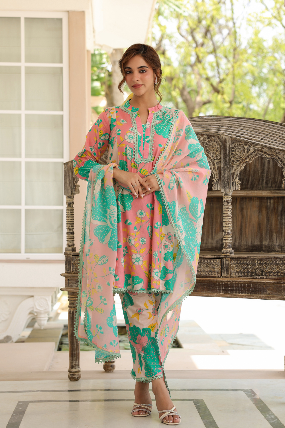 Peach & Aqua Mal Cotton A-Line Suit Set with Organza Dupatta