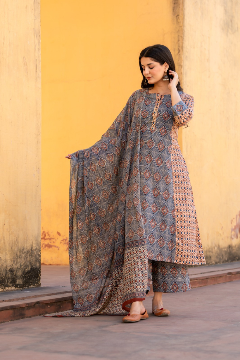 Mocha Block Printed A-Line Cotton Suit Set