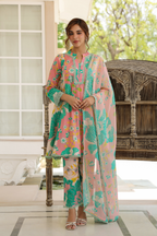 Peach & Aqua Mal Cotton A-Line Suit Set with Organza Dupatta
