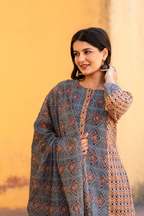 Mocha Block Printed A-Line Cotton Suit Set
