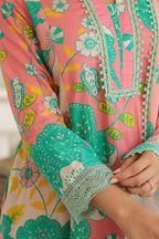 Peach & Aqua Mal Cotton A-Line Suit Set with Organza Dupatta