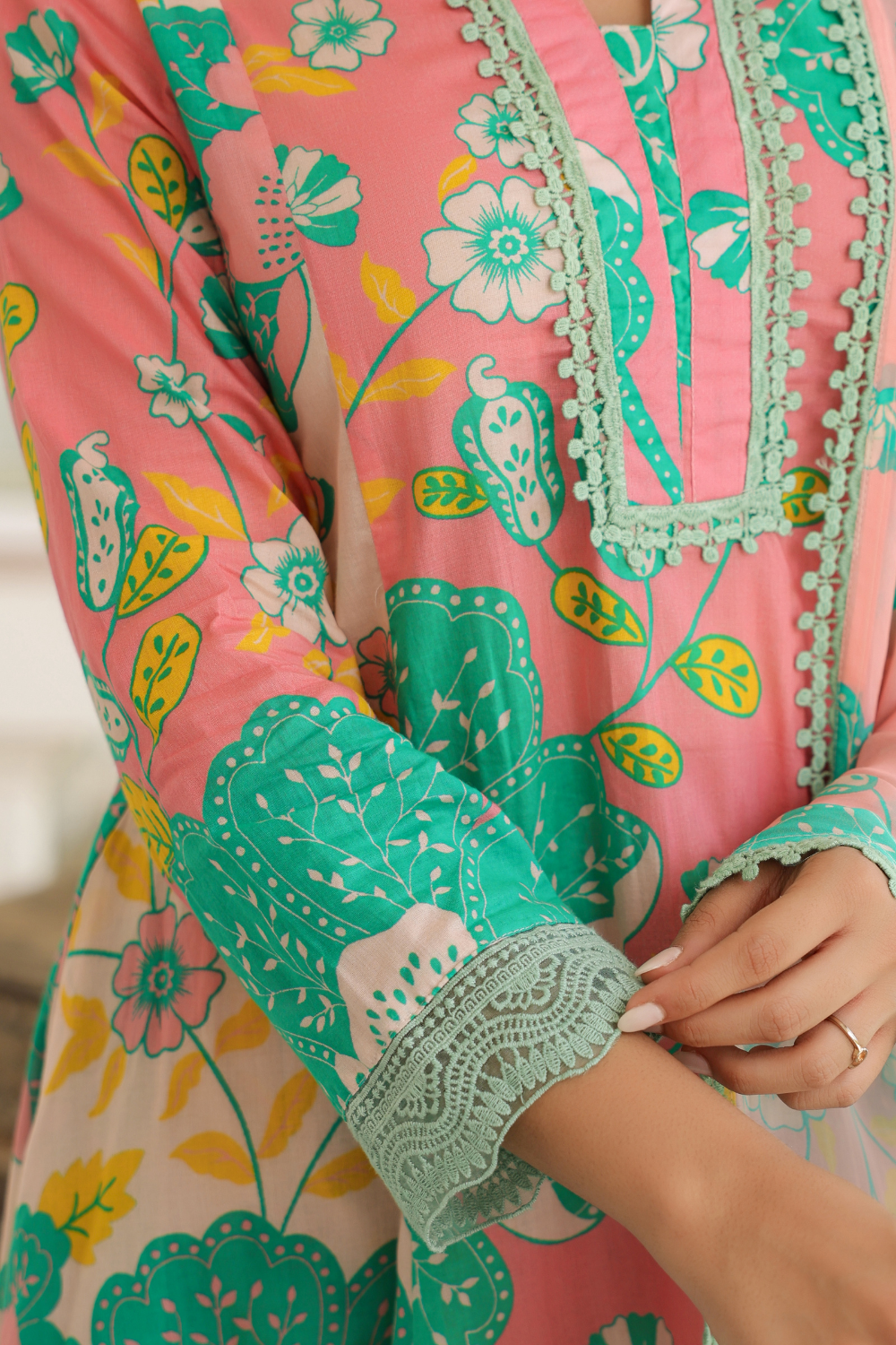 Peach & Aqua Mal Cotton A-Line Suit Set with Organza Dupatta