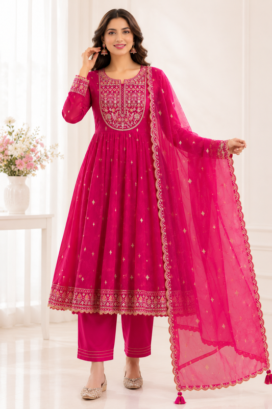 Pink Organza Silk Design Suit Set with Zari Work