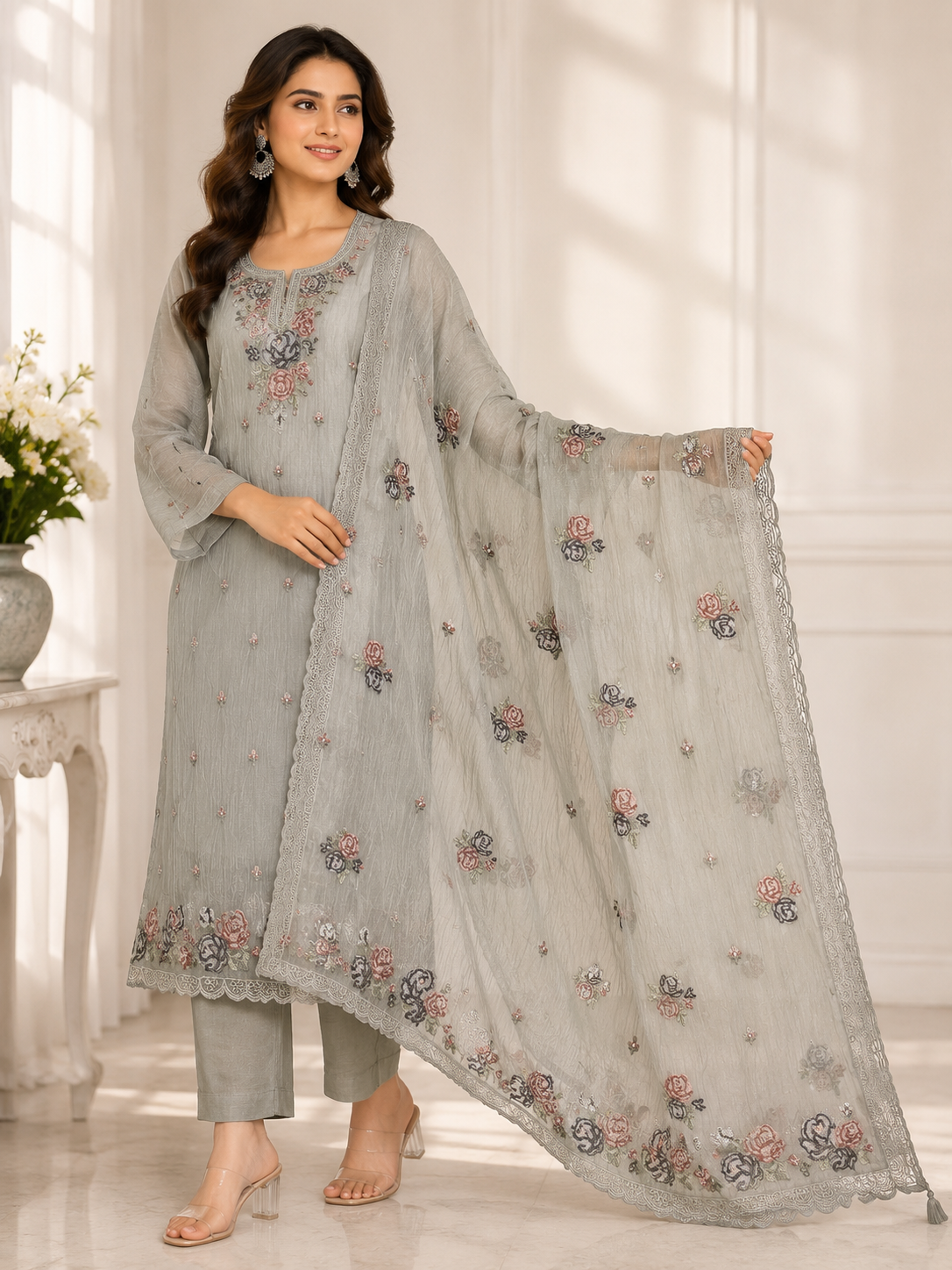Crust Tissue Suit Set with Machine Embroidery