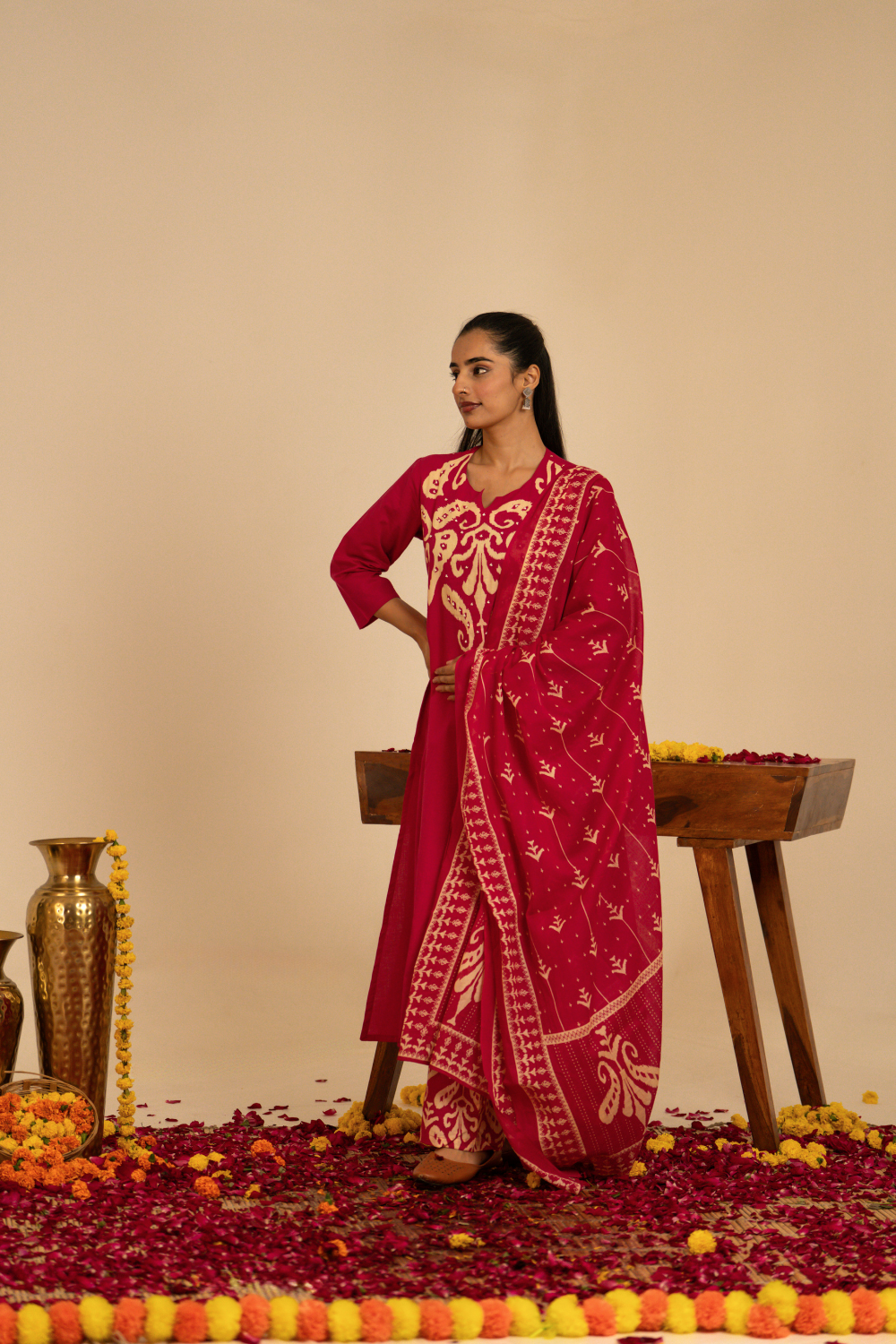 Rani Pink Ikat Printed Cotton Suit Set