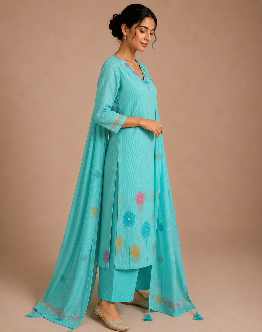 Premium Cotton Suit Set with Thread & Pearl Work