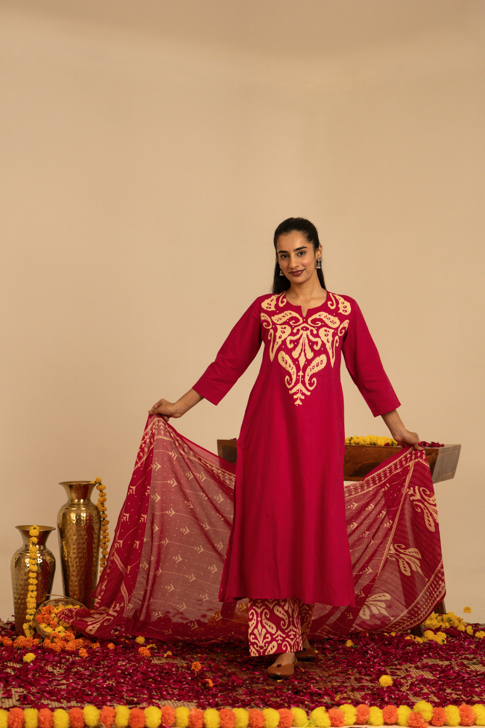 Rani Pink Ikat Printed Cotton Suit Set