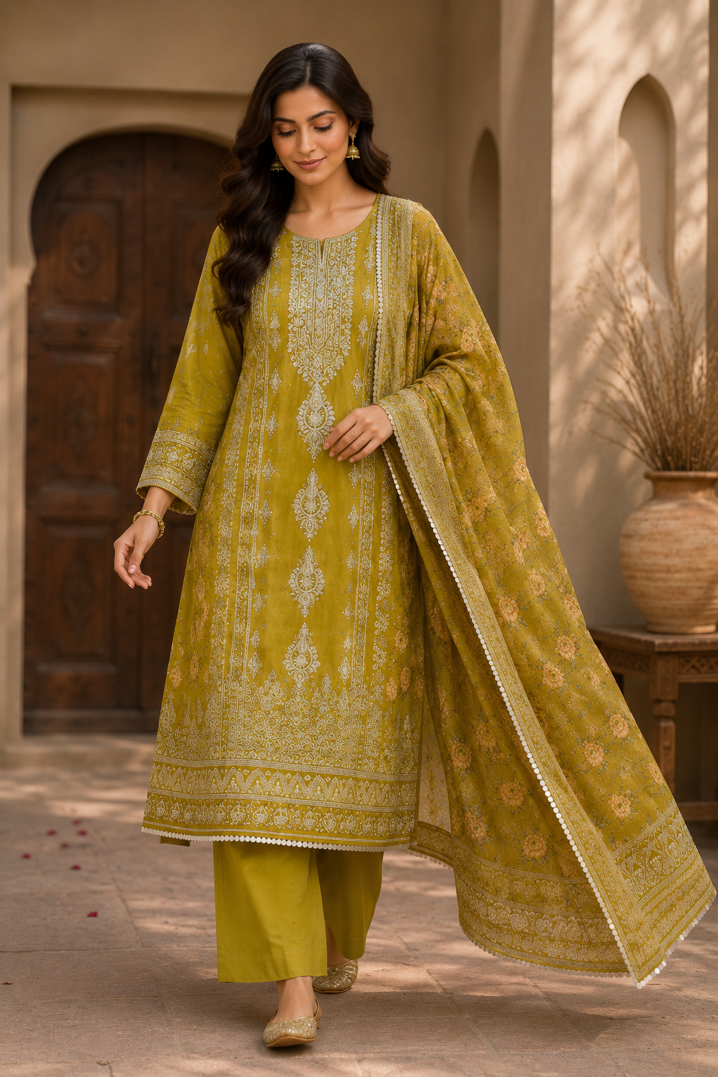 Crust Tissue Suit Set with Thread & Mirror Work Print