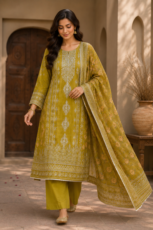 Crust Tissue Suit Set with Thread & Mirror Work Print