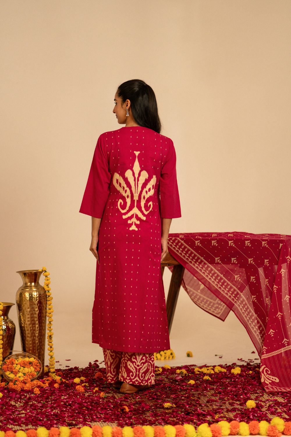 Rani Pink Ikat Printed Cotton Suit Set