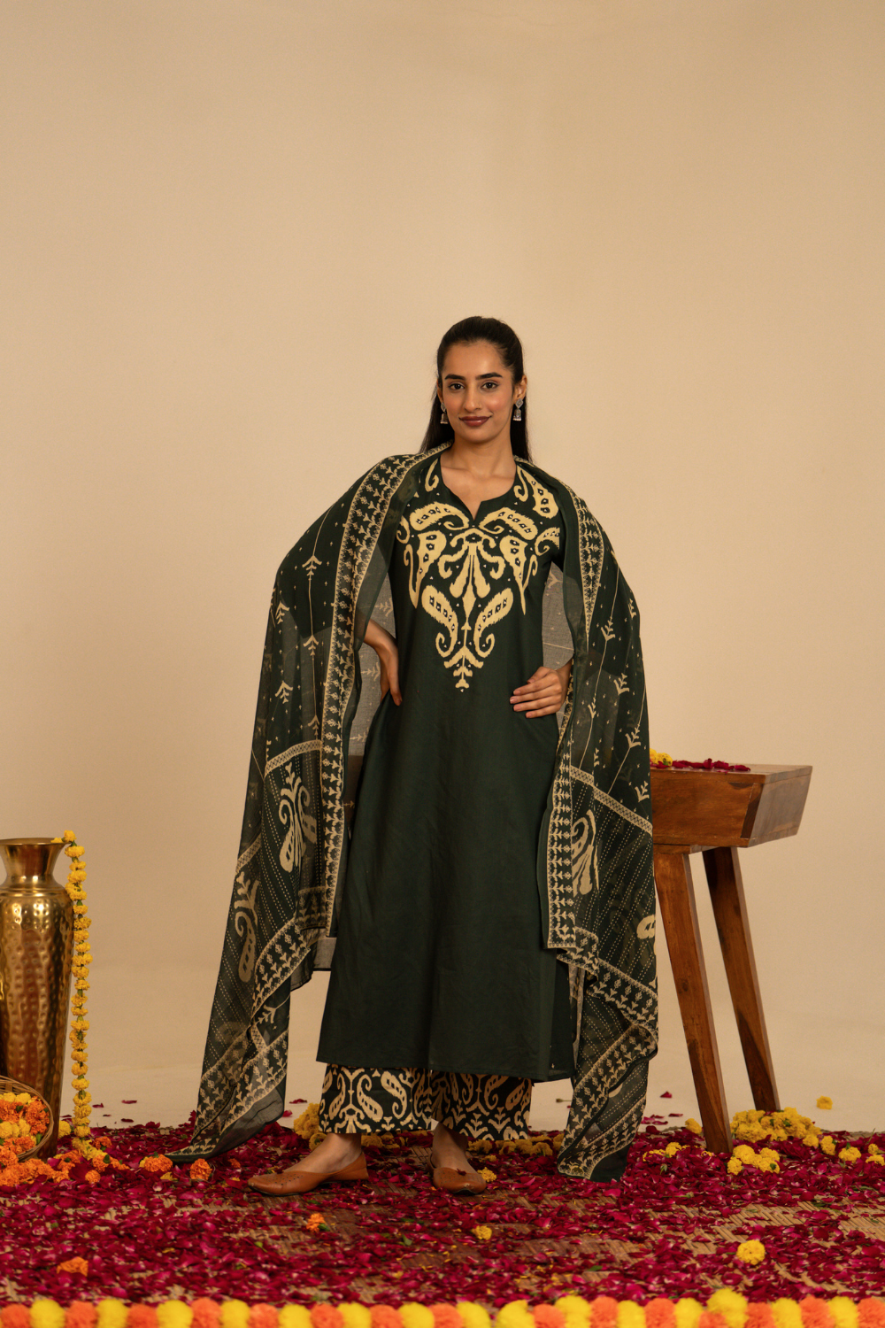 Bottle Green Ikat Printed Cotton Suit Set
