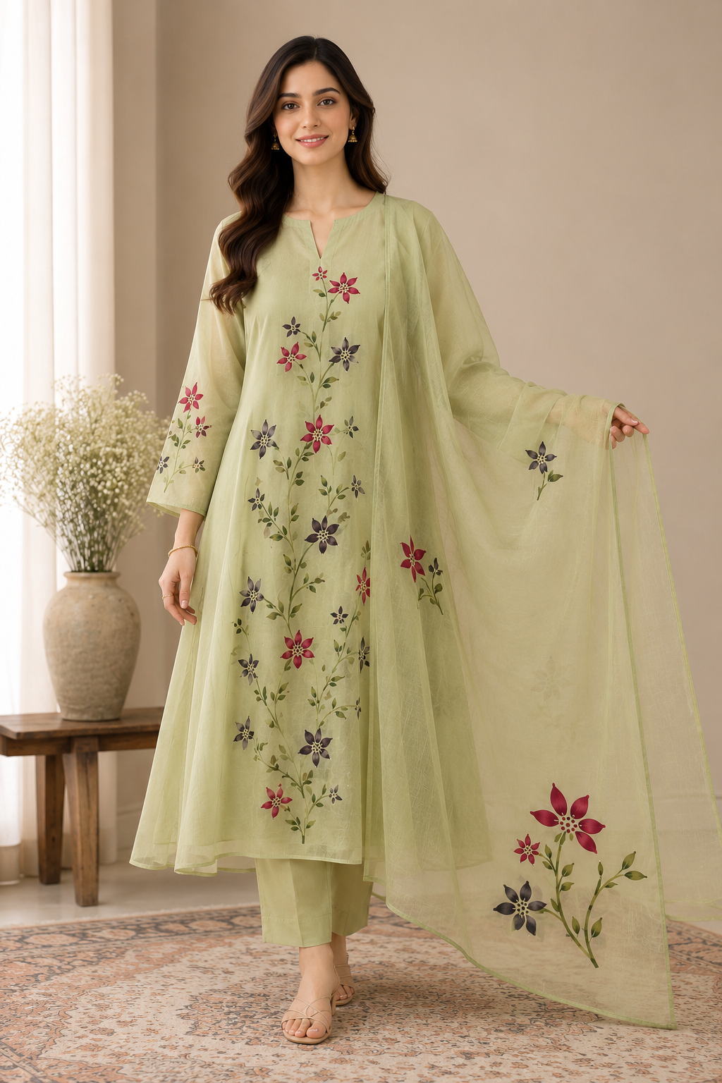 Mul Chanderi Suit Set with Appliqué Work & Hand-Painted Detailing