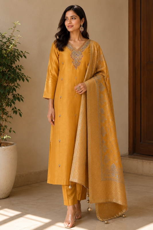 Mustard Silk Suit Set with Banarasi Dupatta & Gotta Patti Work