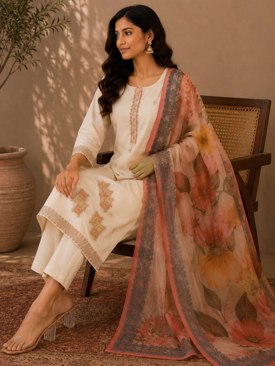 Cotton Handwork Suit Set with Pearl & Thread Work
