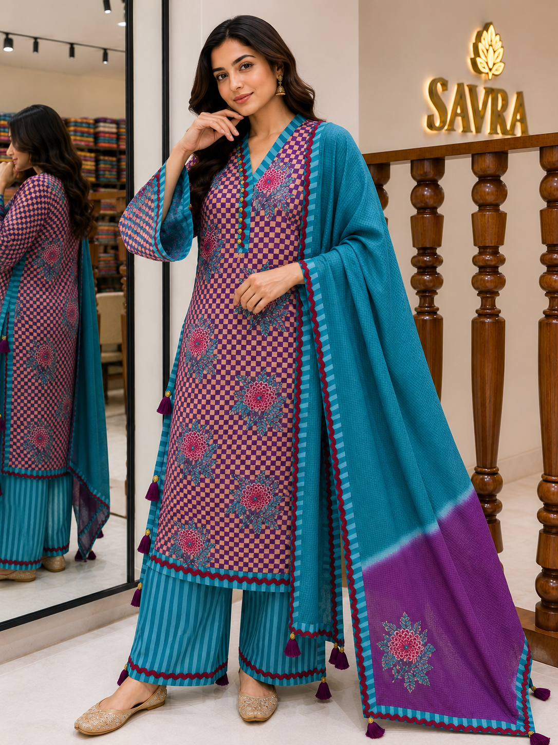 Abstract Print Suit Set with Lace & Appliqué Detailing