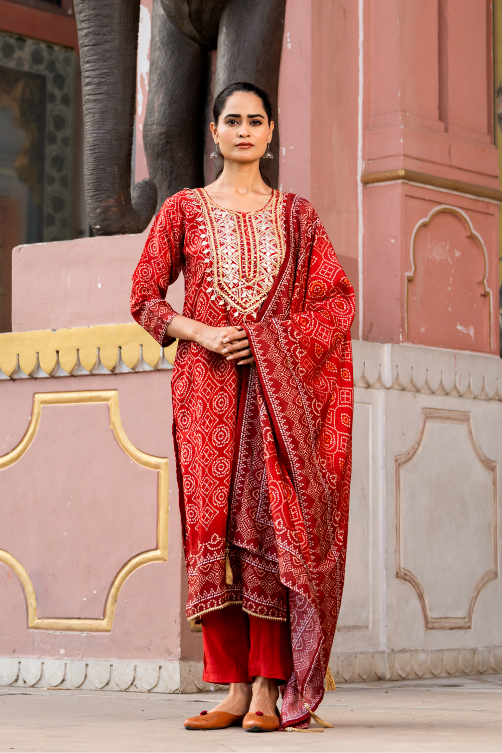 Maroon Silk Bandhej Print Suit with Gota Patti Work