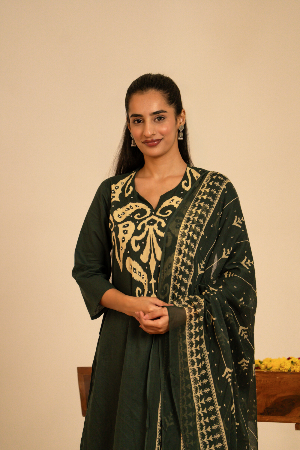 Bottle Green Ikat Printed Cotton Suit Set