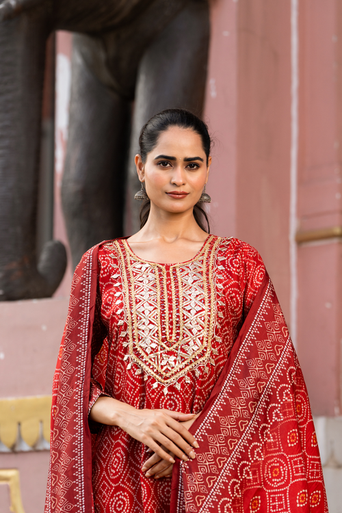 Maroon Silk Bandhej Print Suit with Gota Patti Work