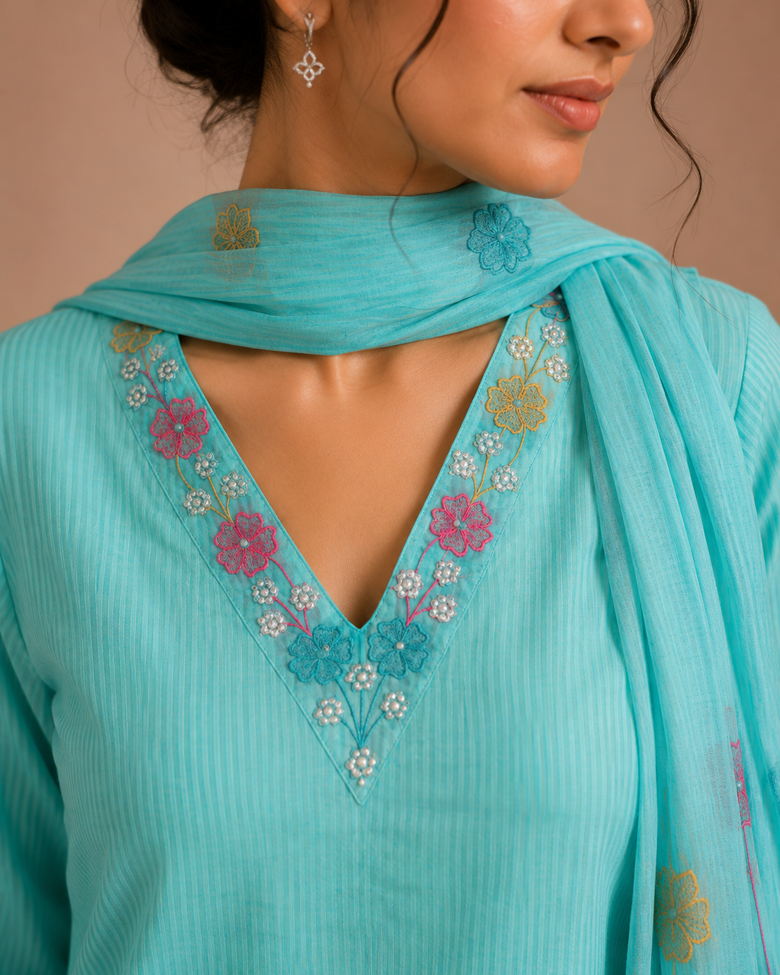 Premium Cotton Suit Set with Thread & Pearl Work