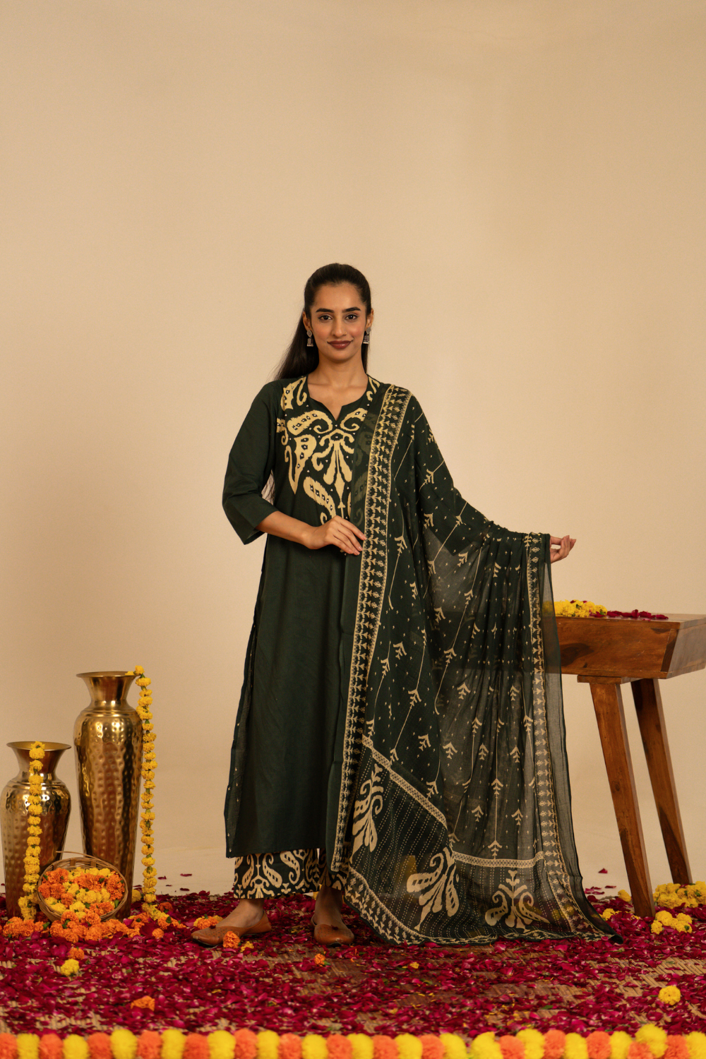 Bottle Green Ikat Printed Cotton Suit Set