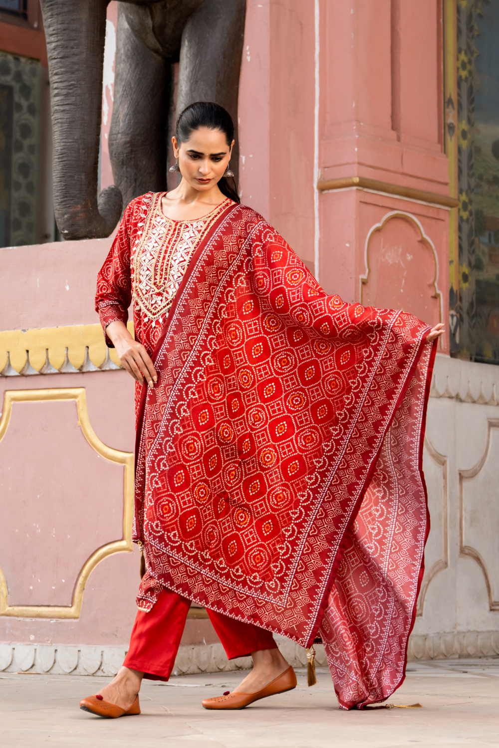Maroon Silk Bandhej Print Suit with Gota Patti Work