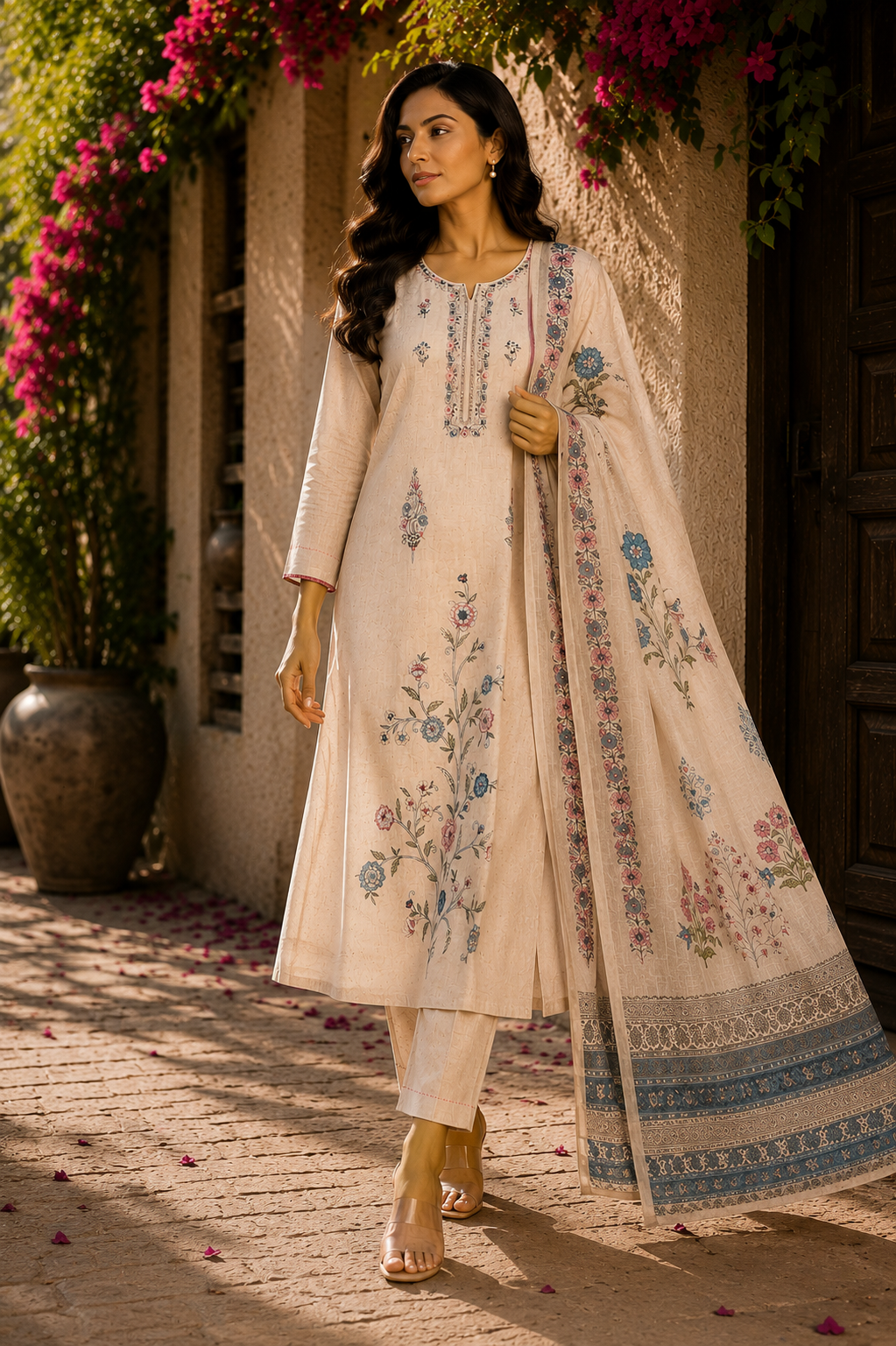 Cotton Floral Machine Work Suit Set