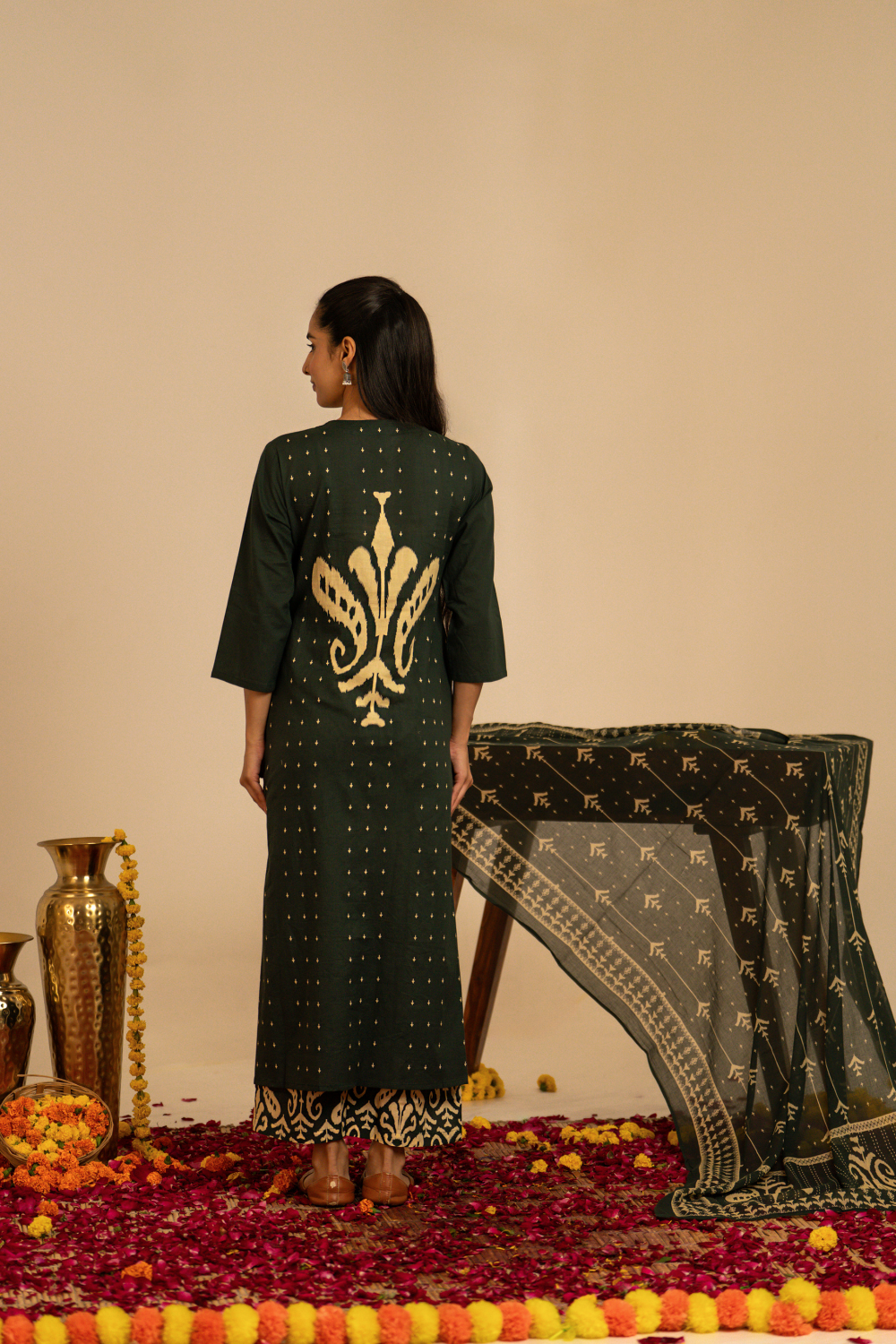 Bottle Green Ikat Printed Cotton Suit Set