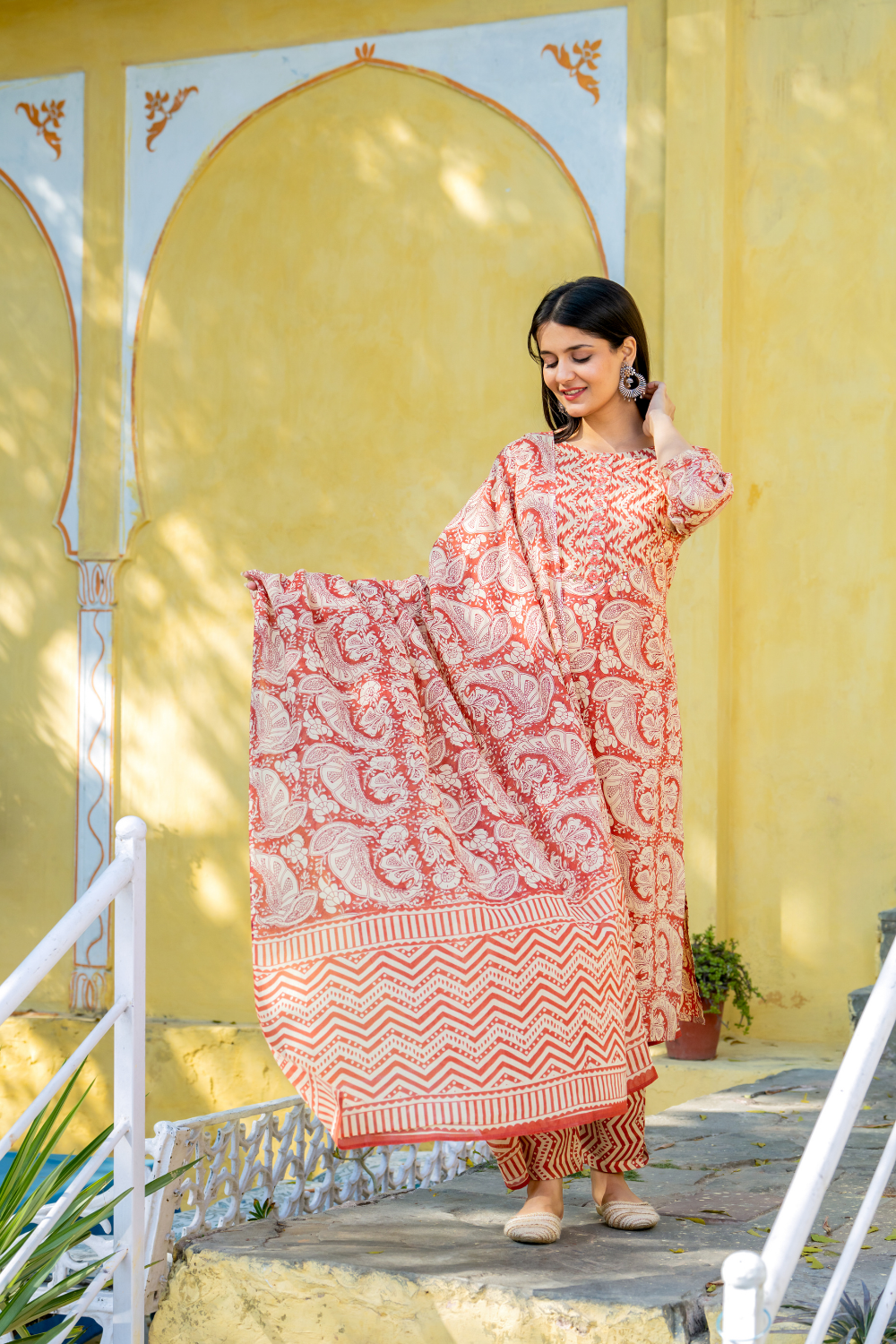 Rust Red Cotton Printed Suit with Embroidered Neckline