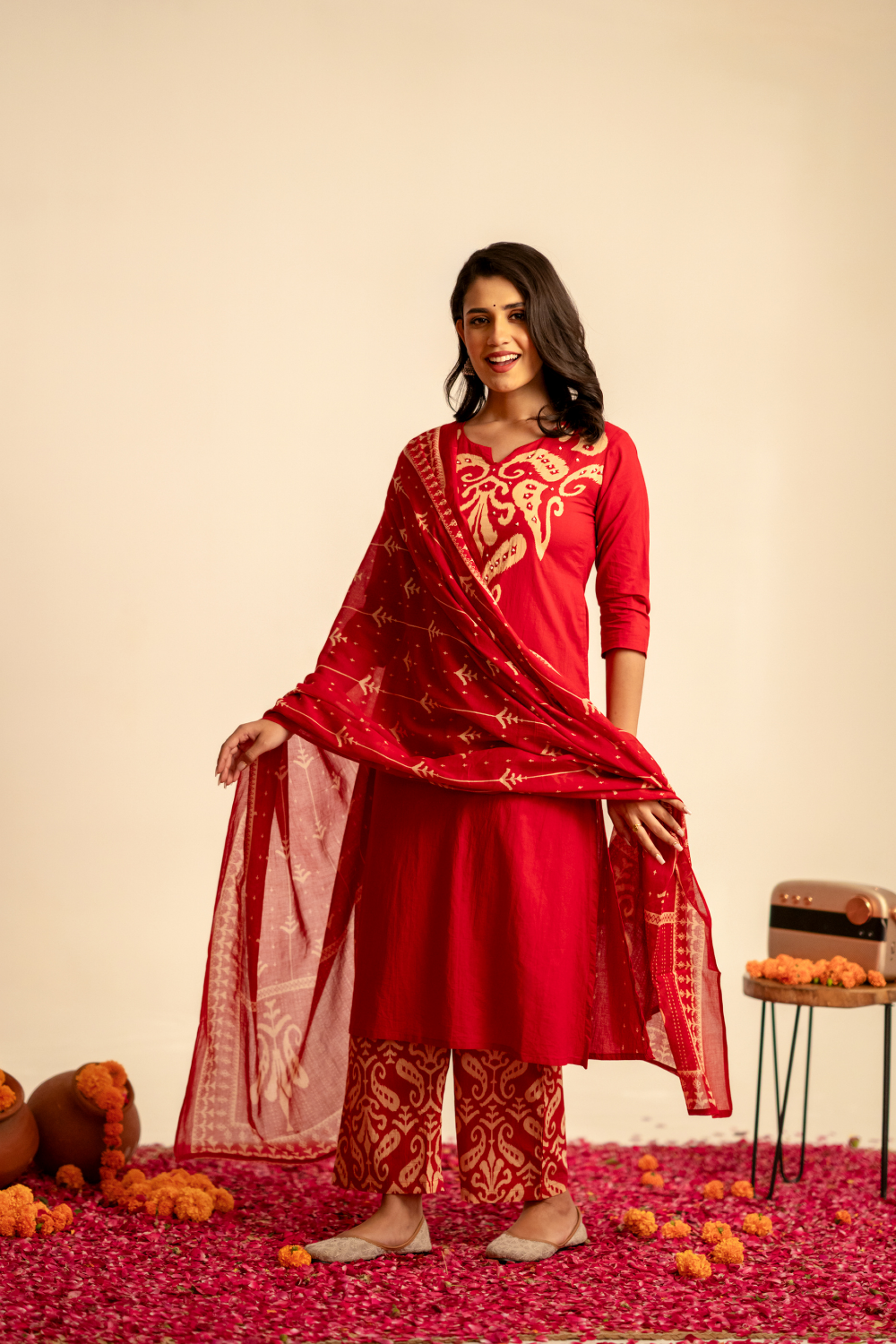 Red Ikat Printed Cotton Suit Set