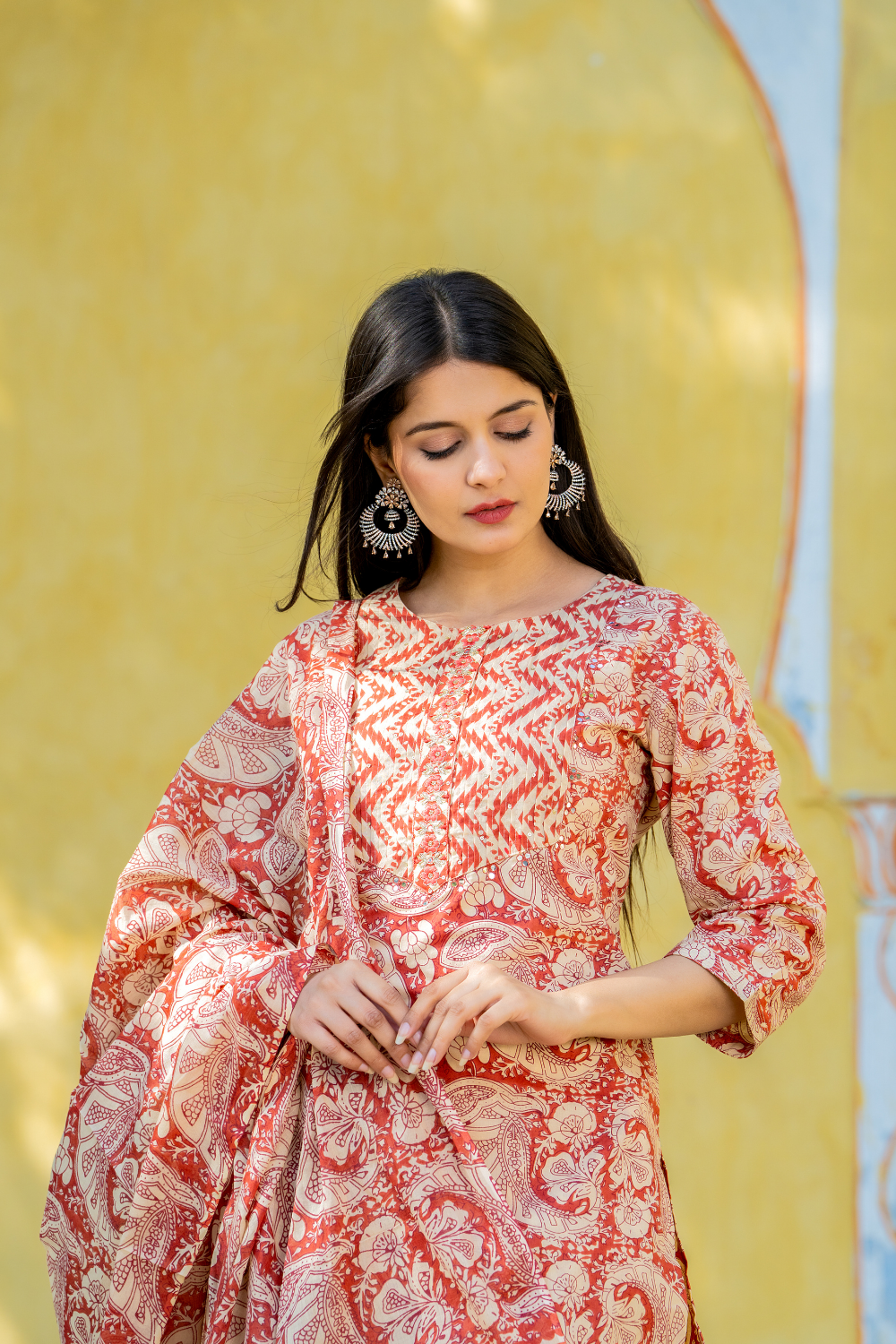 Rust Red Cotton Printed Suit with Embroidered Neckline
