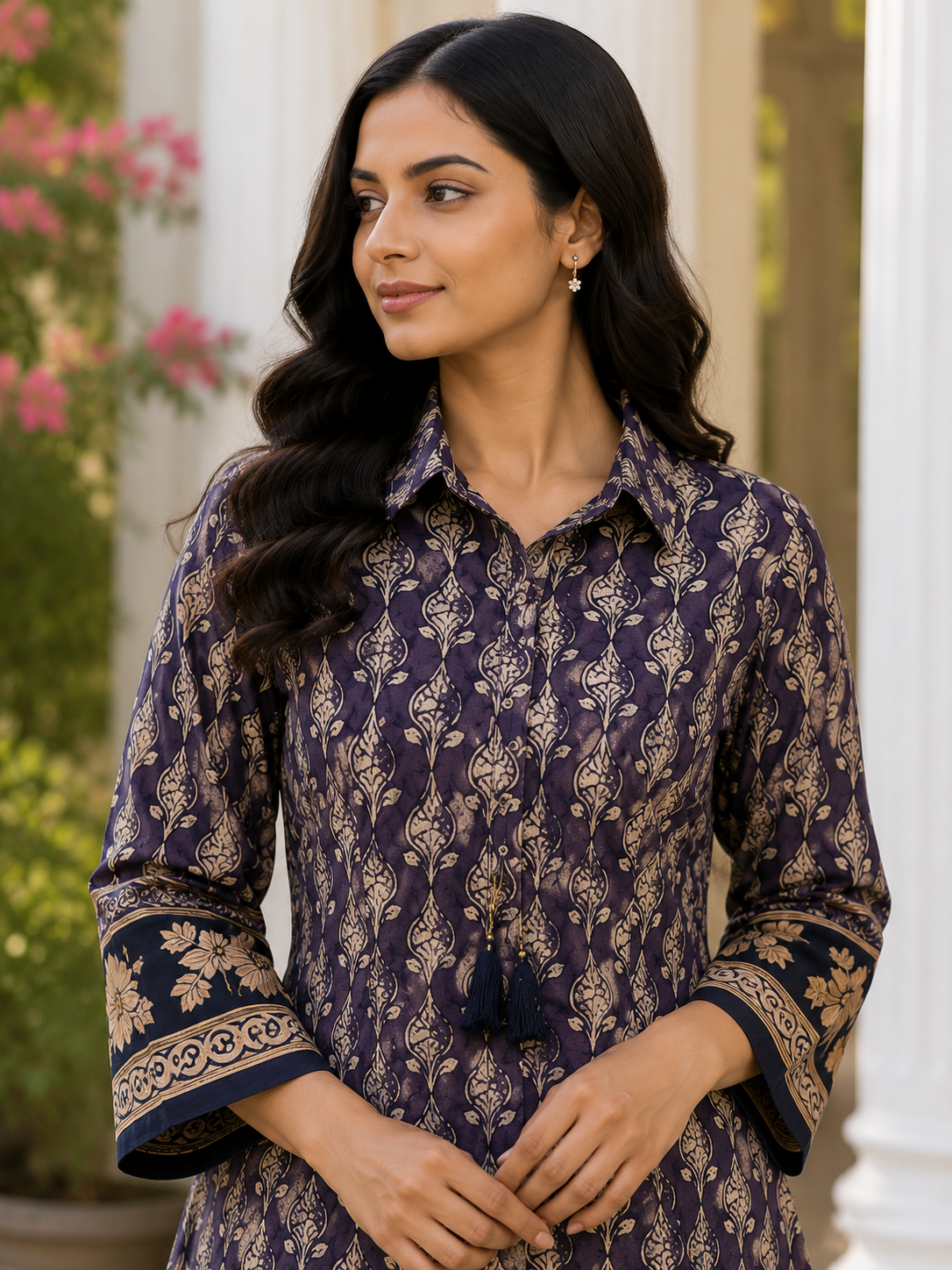 Mul Chanderi Printed Kurta Pant Set with Thread Work