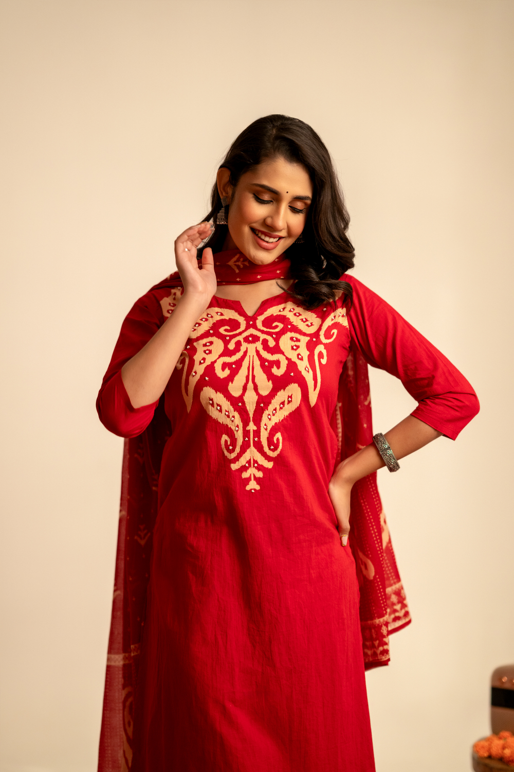 Red Ikat Printed Cotton Suit Set