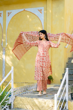 Rust Red Cotton Printed Suit with Embroidered Neckline